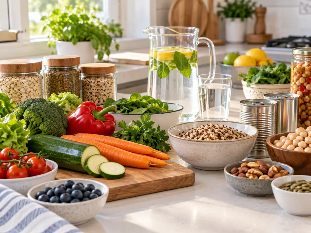 A kitchen counter with fresh foods, pantry items, and water arranged for a kidney-conscious meal routine.