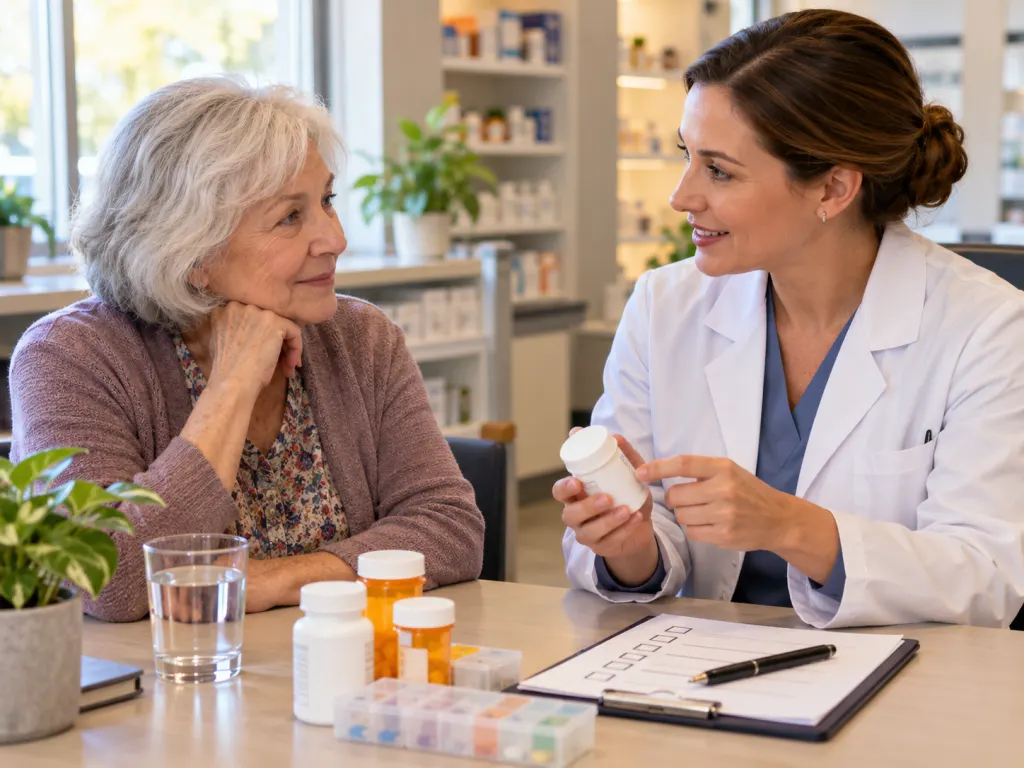 An older adult discussing medicines and kidney health questions with a health professional.