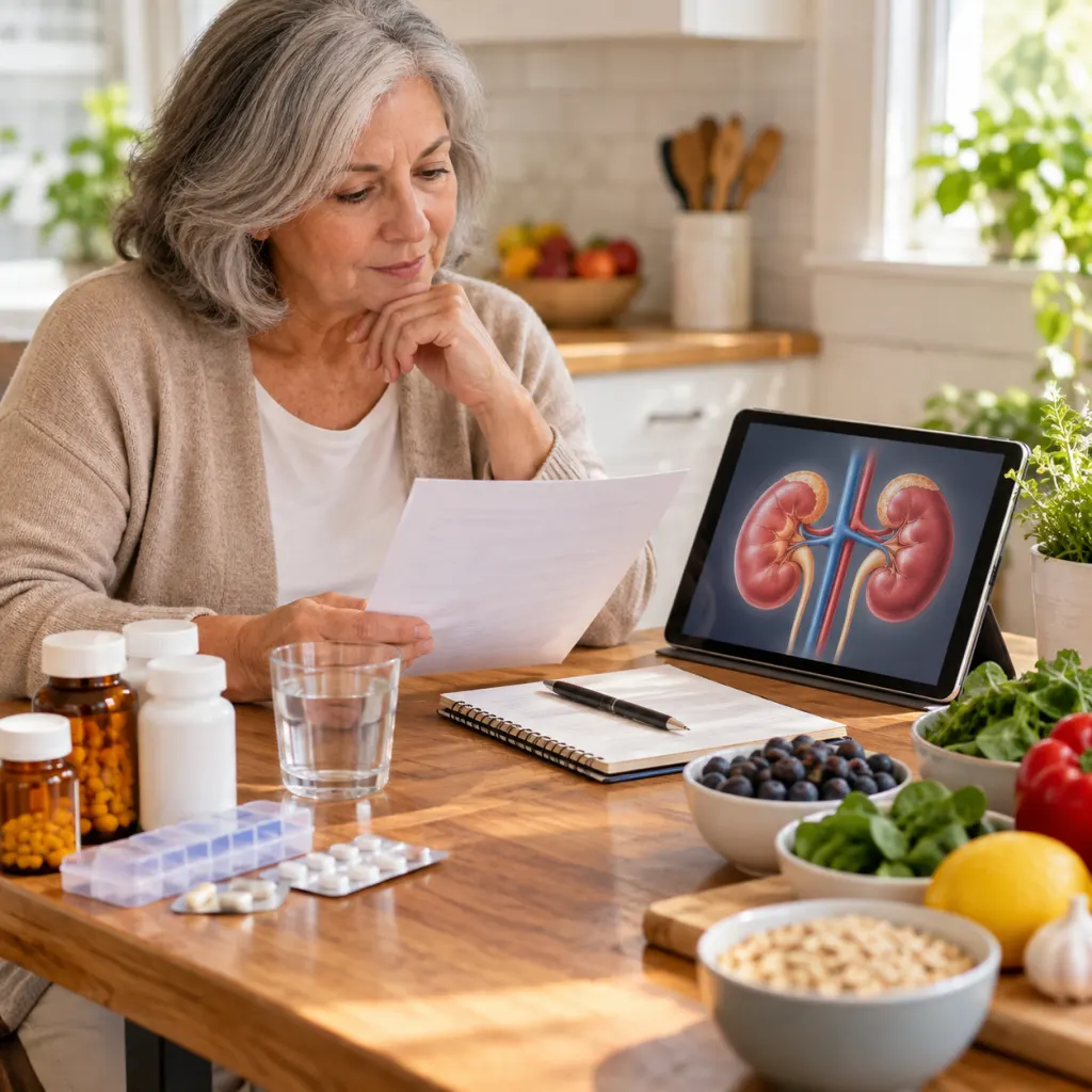An adult reviewing kidney health habits with medicines, water, food labels, and a kidney illustration.