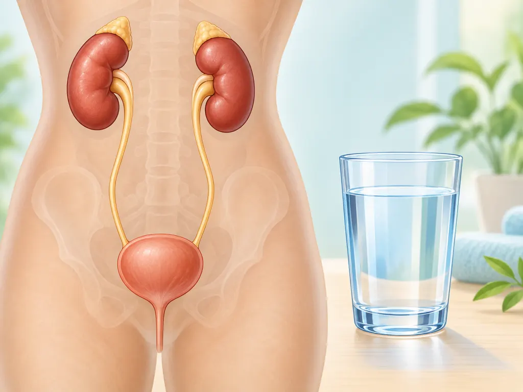 A soft educational illustration of the urinary tract beside a glass of water.