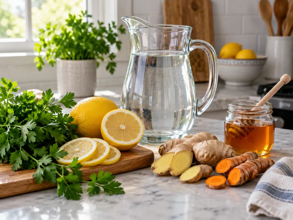 Water, lemon, parsley, ginger, turmeric, and honey arranged on a kitchen counter.