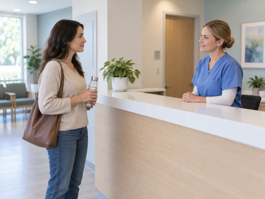An adult with a water bottle speaks with a healthcare professional in a calm clinic setting.