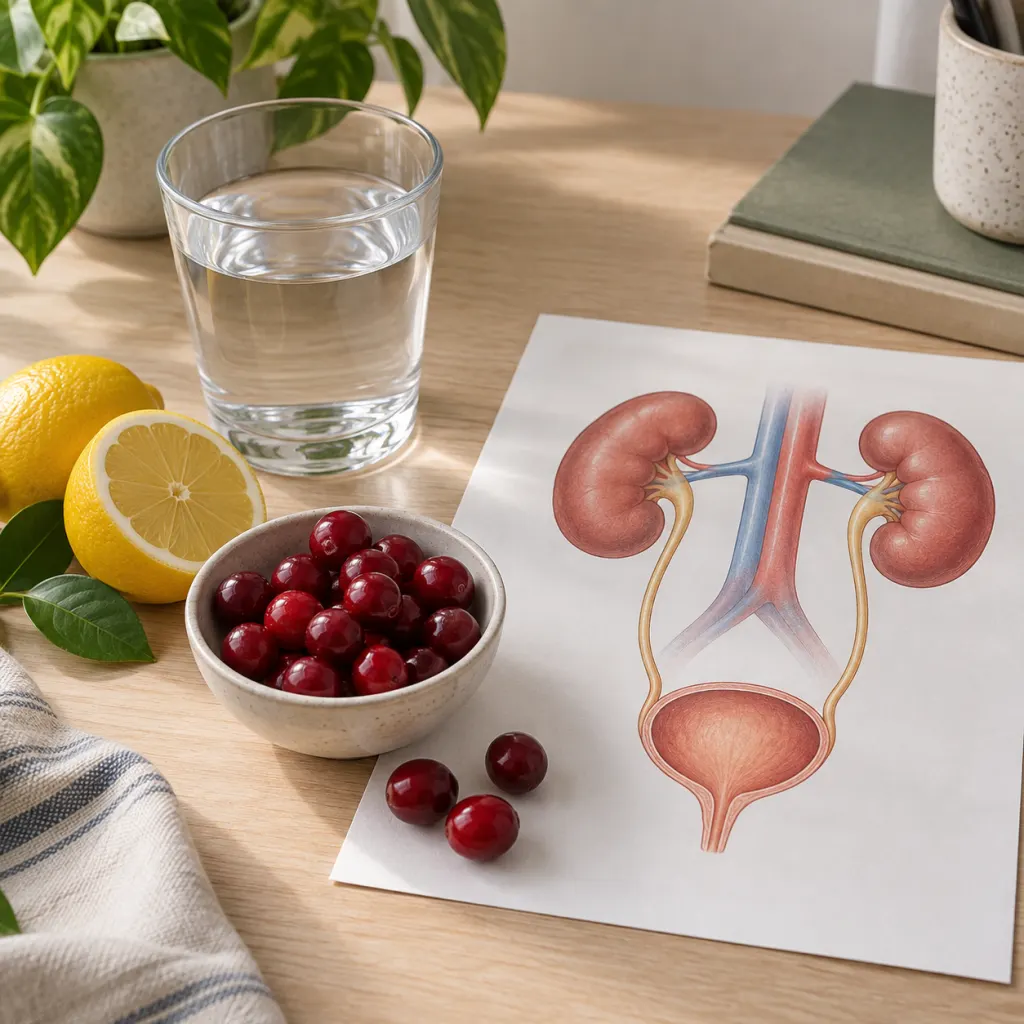 A glass of water, cranberries, lemon, and a simple urinary tract illustration on a desk.
