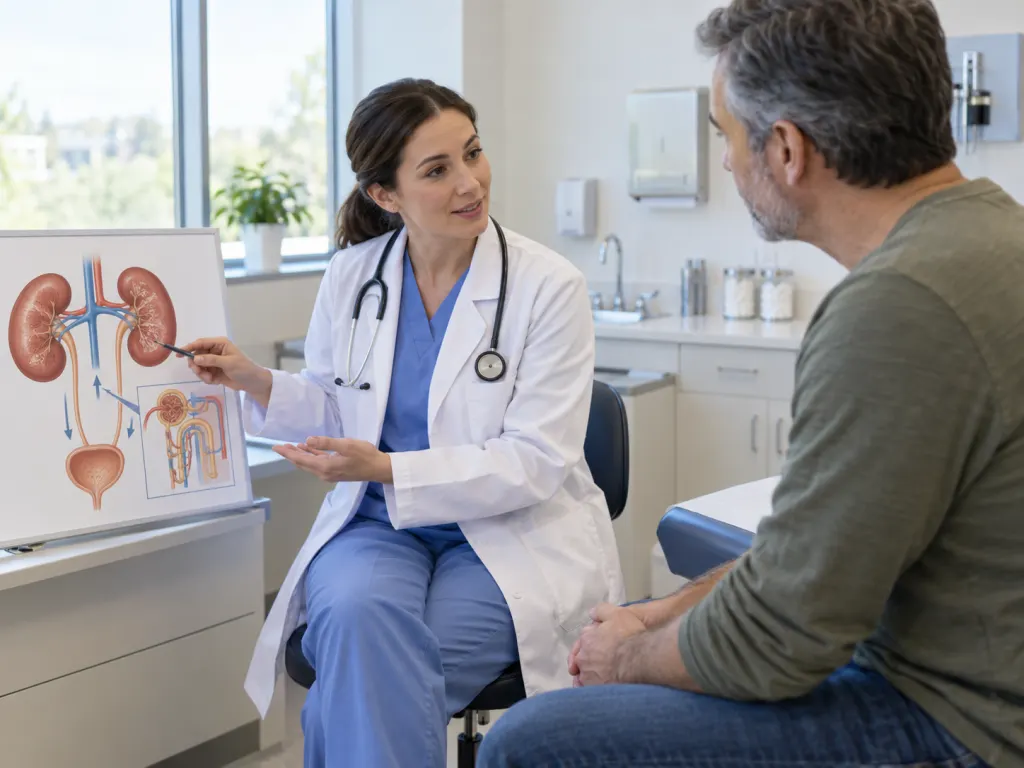 Clinician and patient reviewing a simple kidney illustration in an exam room.