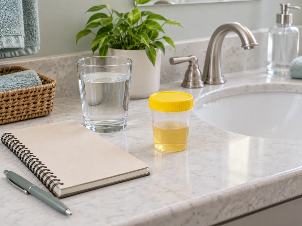 A blank symptom notebook with a water glass and sample container on a clean counter.