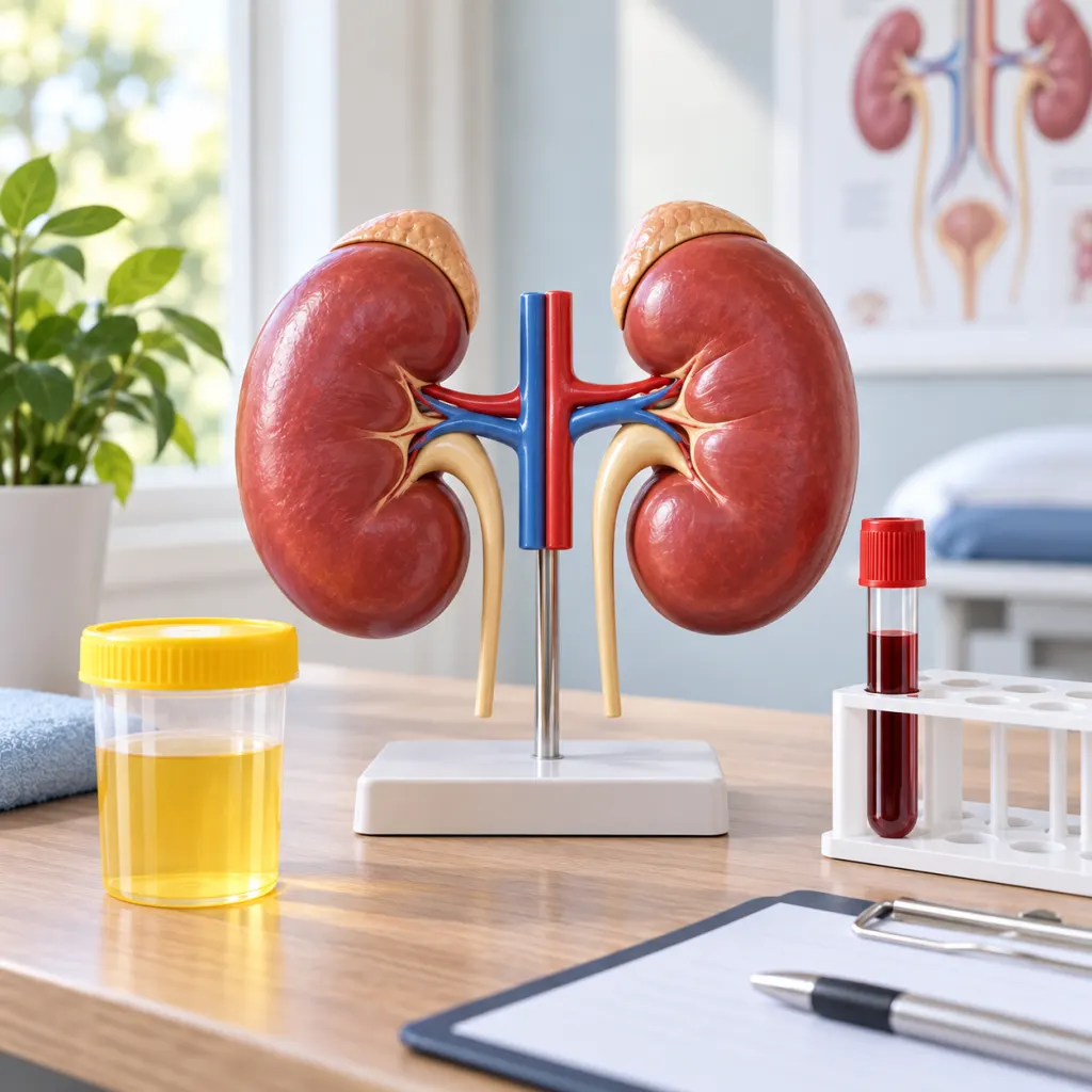 Educational illustration of kidneys with urine and blood testing items on a clinic desk.