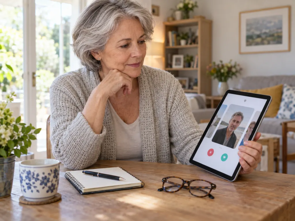 An older adult reviews online dating messages on a tablet with a notebook nearby.