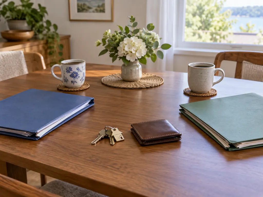 Separate folders, keys, and a closed wallet on a table symbolize financial boundaries.