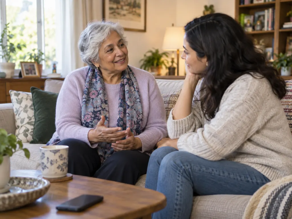 An older adult talks with a trusted family member about a new relationship.