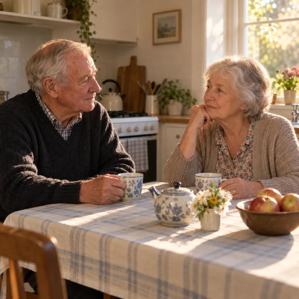 Two older adults share tea at a kitchen table in a calm late-life romance scene.