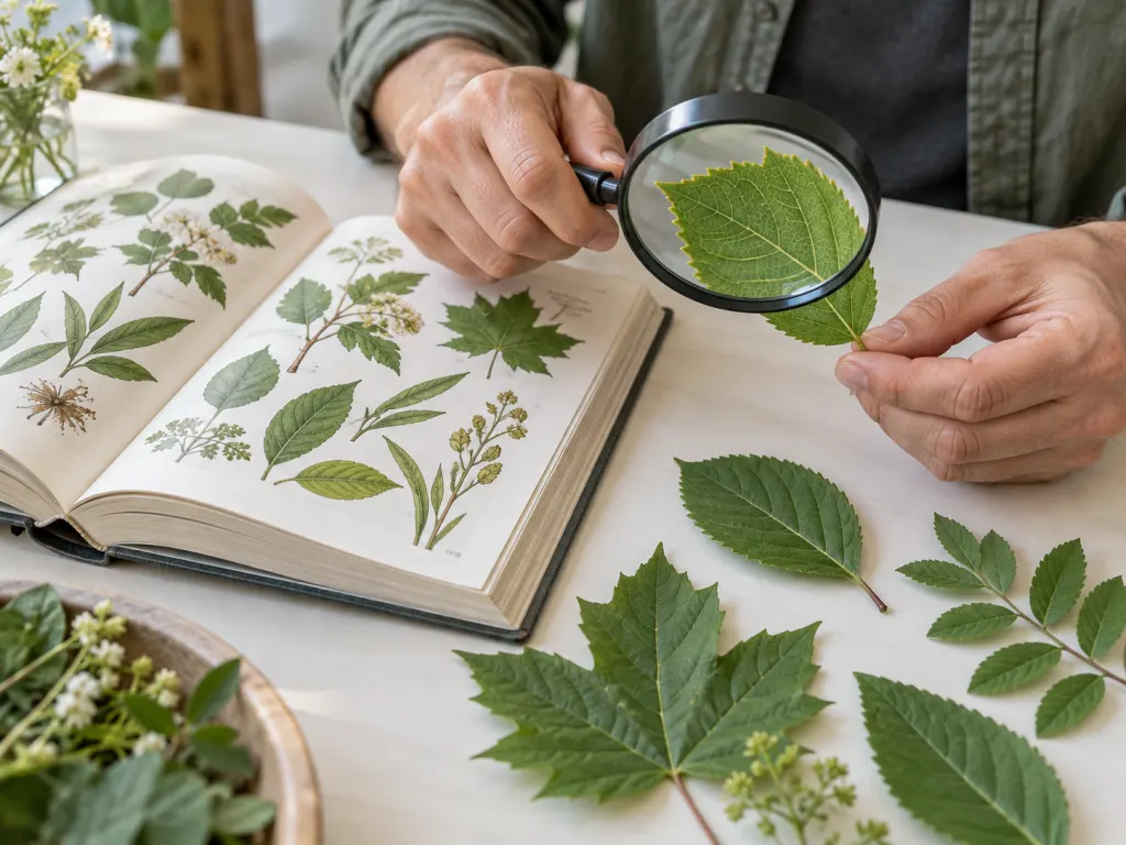 Hands compare fresh leaves with a plant identification book on a clean table.
