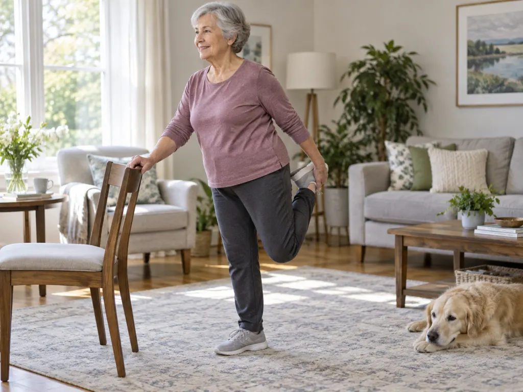 An older adult practices gentle stretching near a chair in a bright living room.