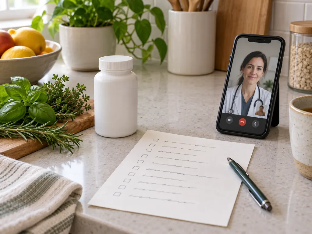 A kitchen counter holds herbs, a supplement bottle, a product list, and a phone.