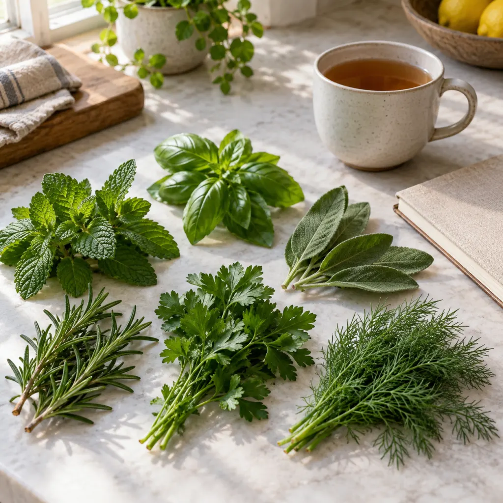 Assorted green leaves beside a notebook and a cup of tea on a kitchen table.