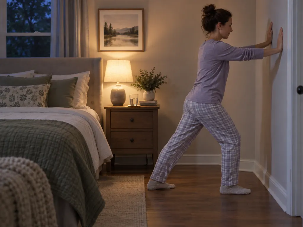Adult performing a gentle calf stretch before bed next to a glass of water, illustrating cramp prevention habits