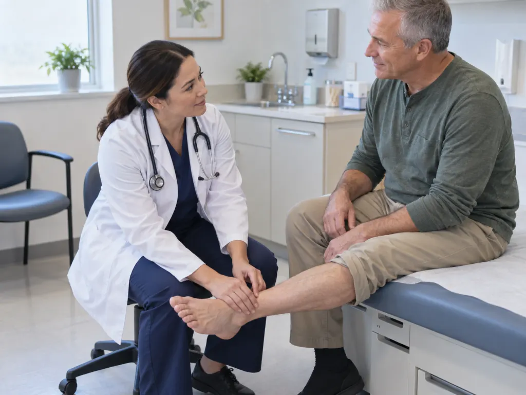 Clinician checking an adult patient's leg and foot pulse during a calm consultation about recurring leg cramps