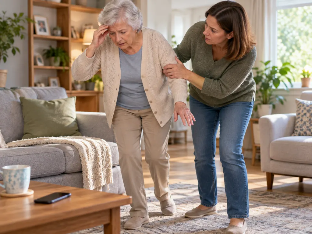 Older woman with balance trouble supported by a family member in a bright living room.