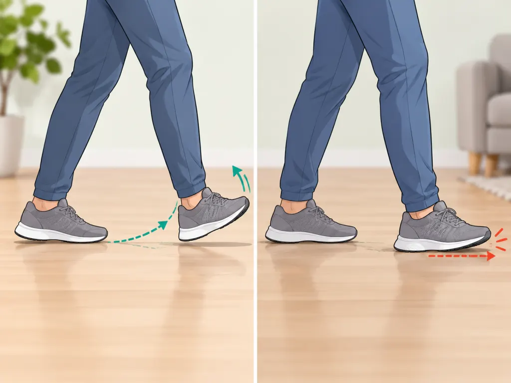 Illustration comparing steady walking with a subtly dragging foot.