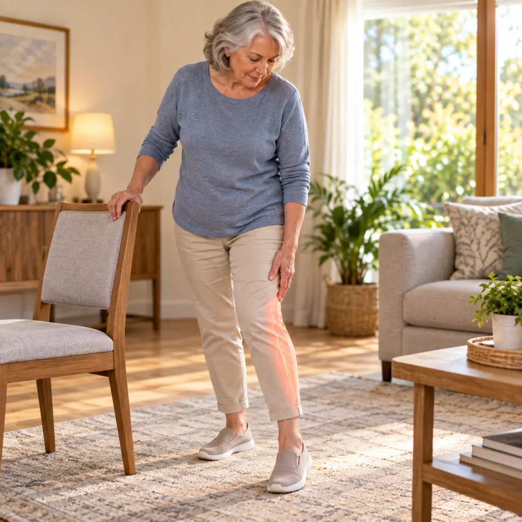 Older woman standing beside a chair with one leg subtly highlighted in a calm health illustration.