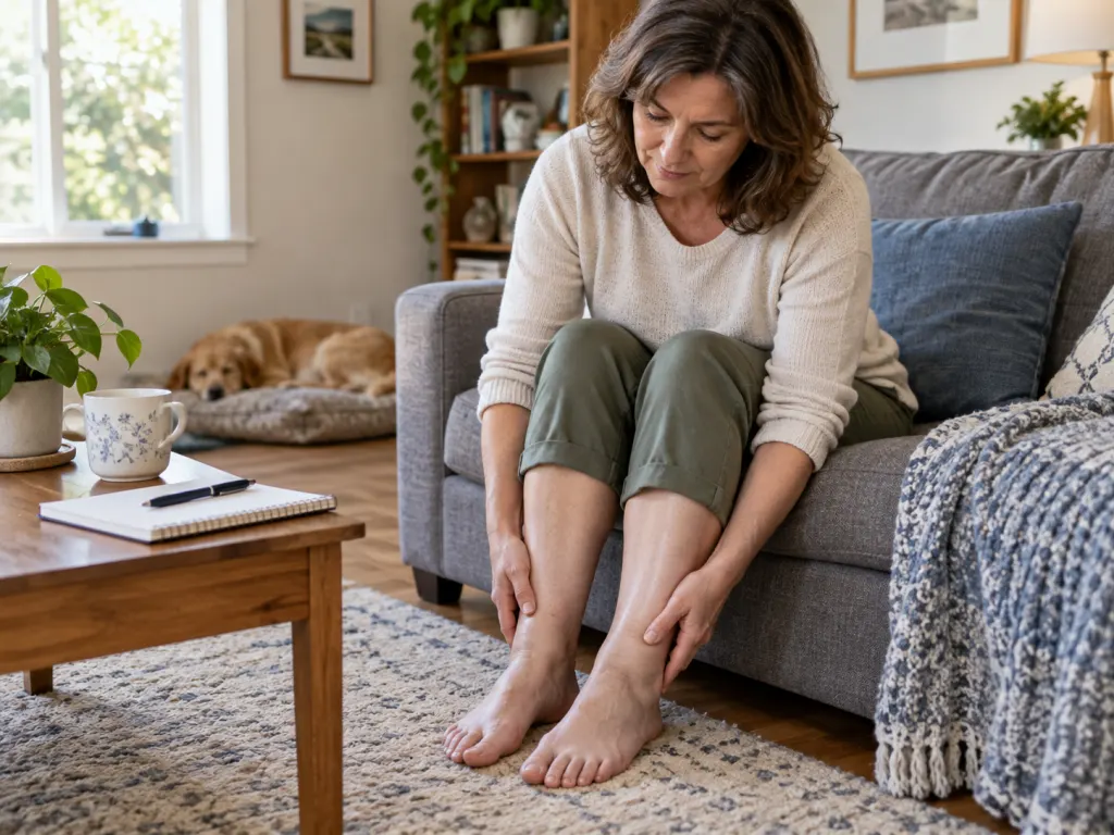 Person comparing ankle swelling at home with a notebook nearby.