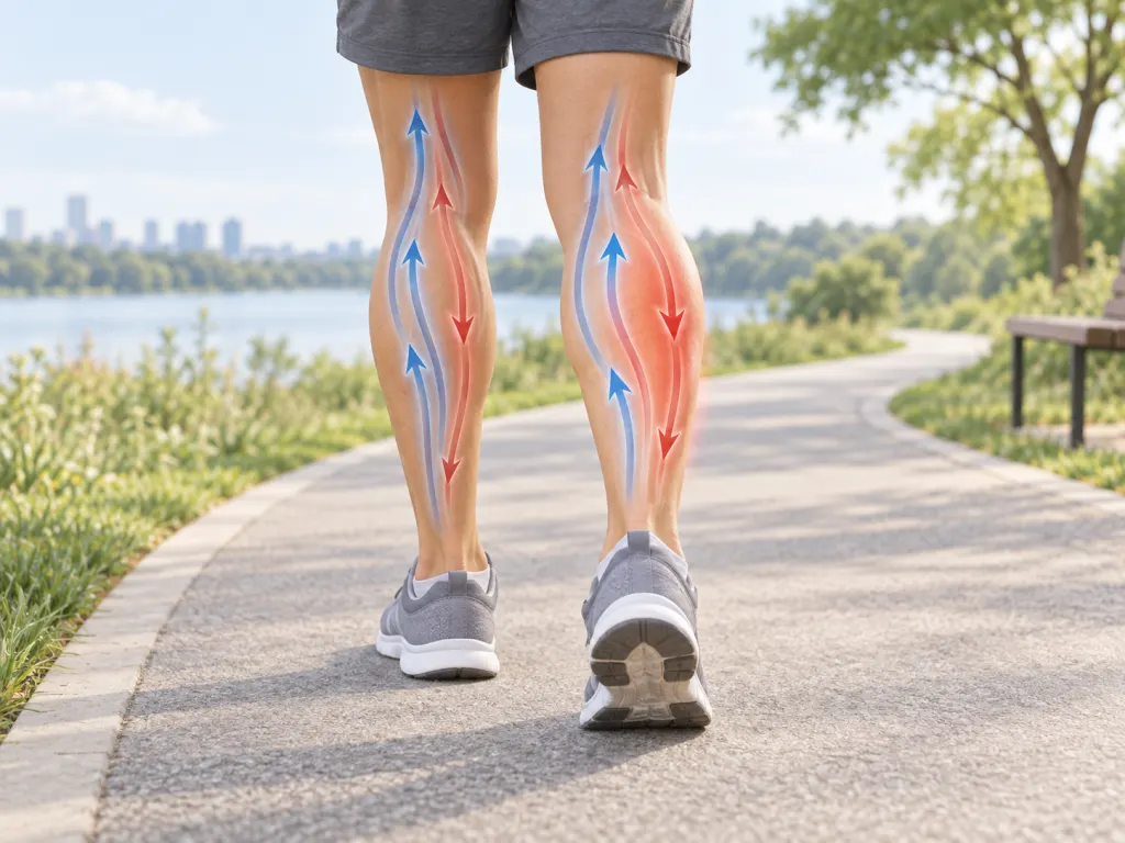 Educational illustration linking walking-related calf discomfort with circulation.