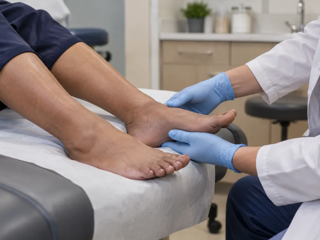 Clinician checking lower legs and feet for color, warmth, and skin changes.