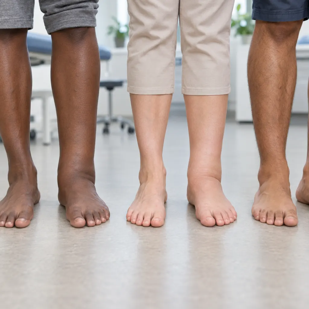 Calm illustration of adult legs and feet showing a subtle ankle swelling comparison.
