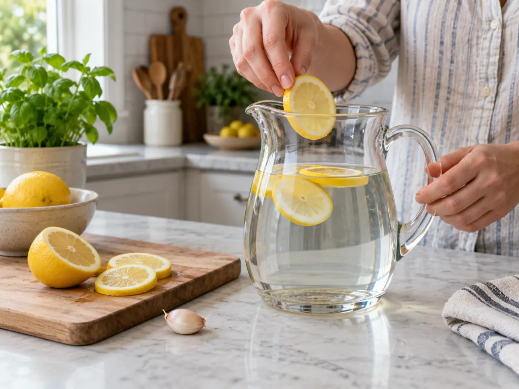 Hands adding lemon to water with a garlic clove nearby on a clean kitchen counter