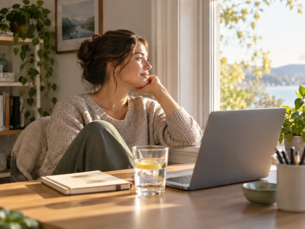 A person resting their eyes during a desk break with lemon water nearby