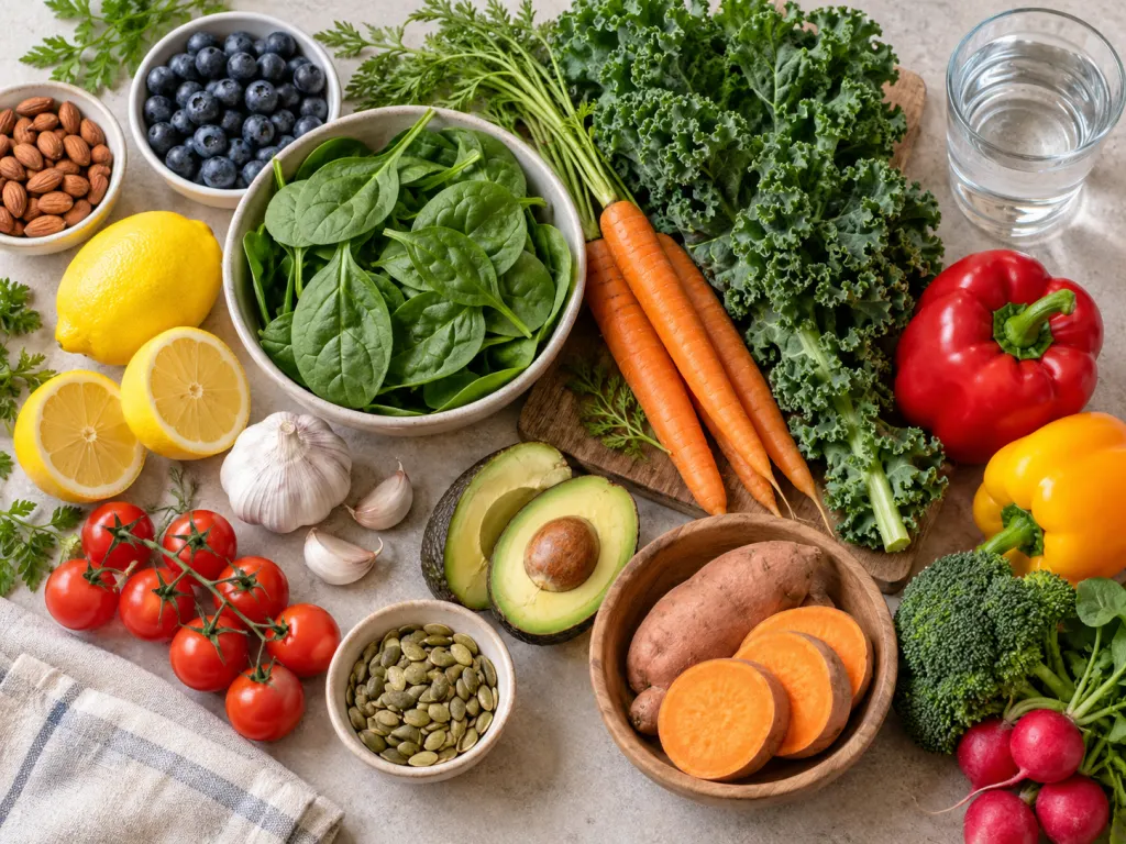 An overhead arrangement of lemon, garlic, leafy greens, colorful vegetables, and water
