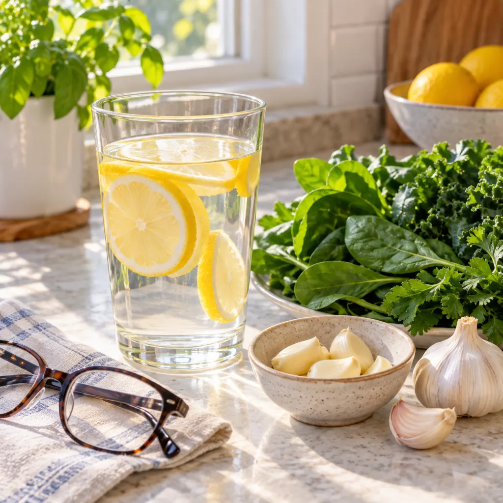 A glass of lemon water with garlic cloves, leafy greens, and reading glasses on a kitchen counter