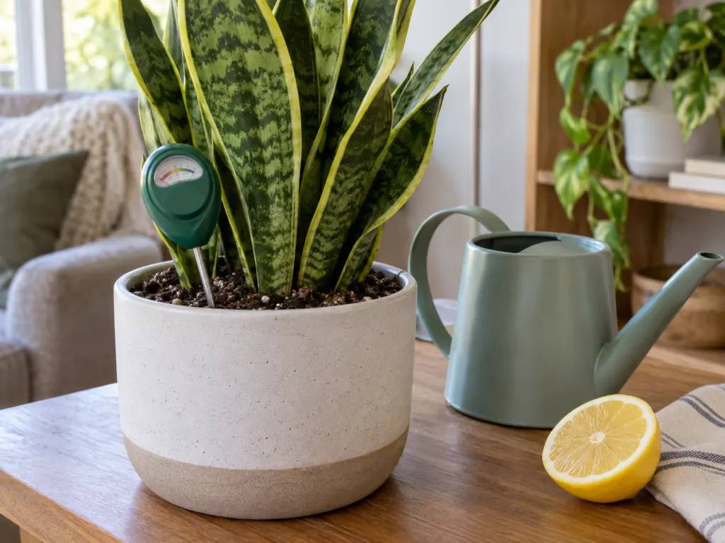A snake plant pot with a watering can, moisture meter, and lemon half nearby for comparison.