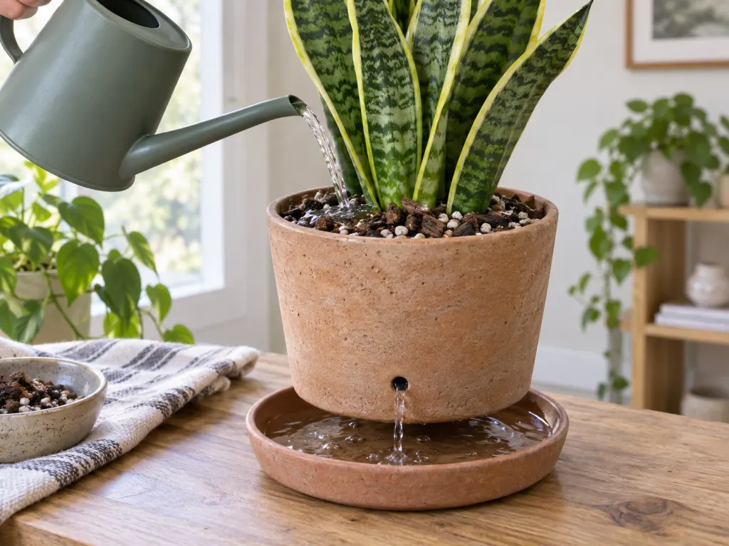 A snake plant being watered in a draining pot with excess water visible in the saucer.