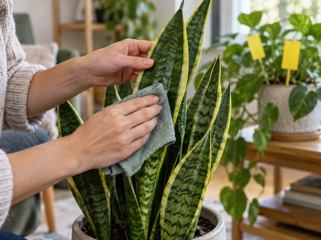 A person wiping snake plant leaves with a damp cloth while sticky traps sit near a nearby pot.