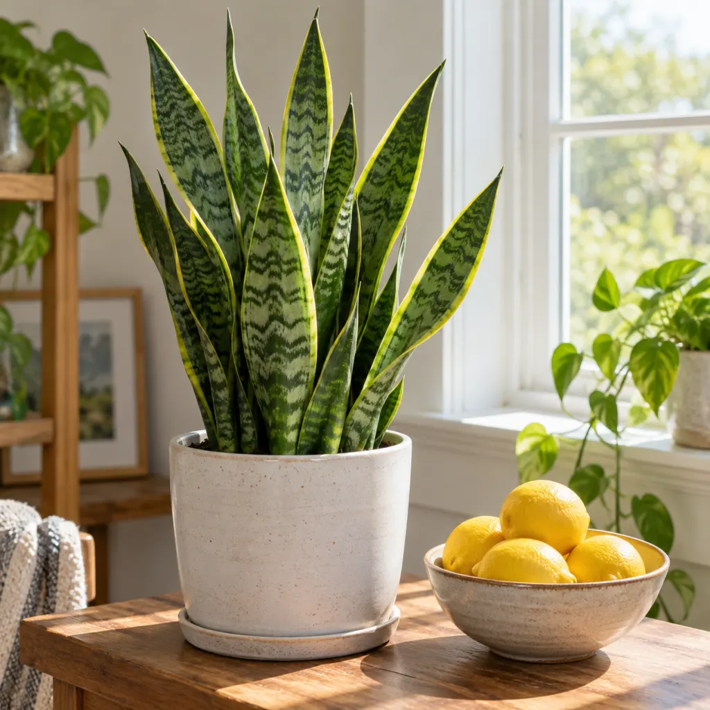 A snake plant in a pot beside lemons, suggesting a careful look at lemon juice as a plant care idea.