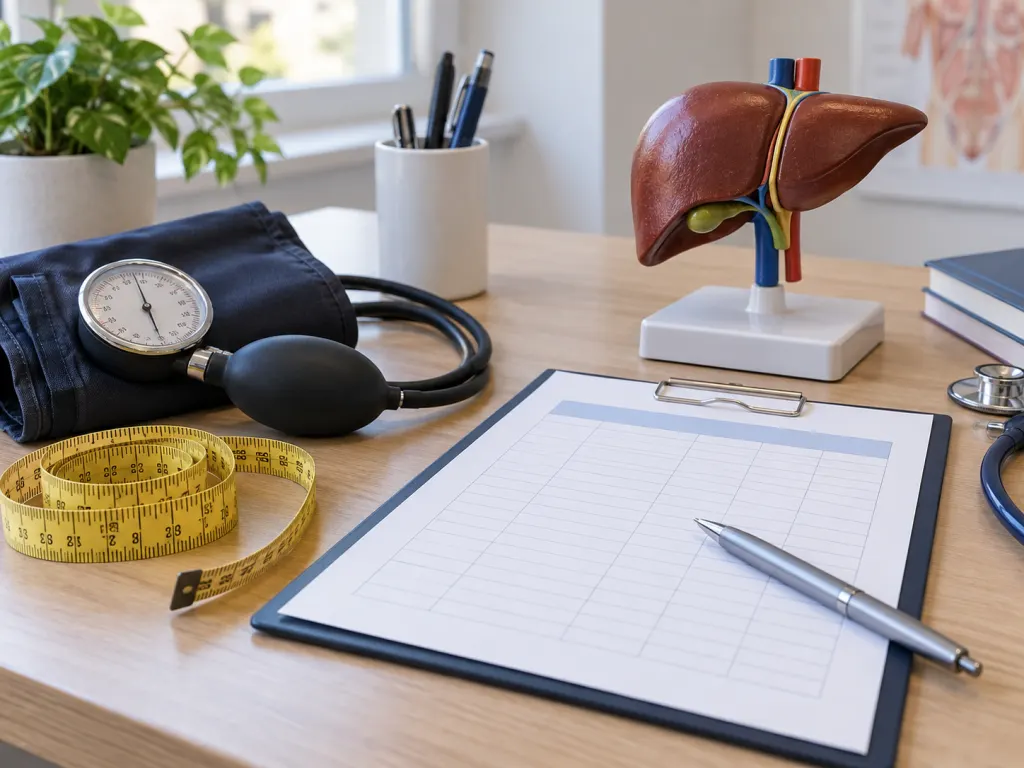 Desk scene with a liver model, tape measure, blood pressure cuff, and blank lab chart shapes.