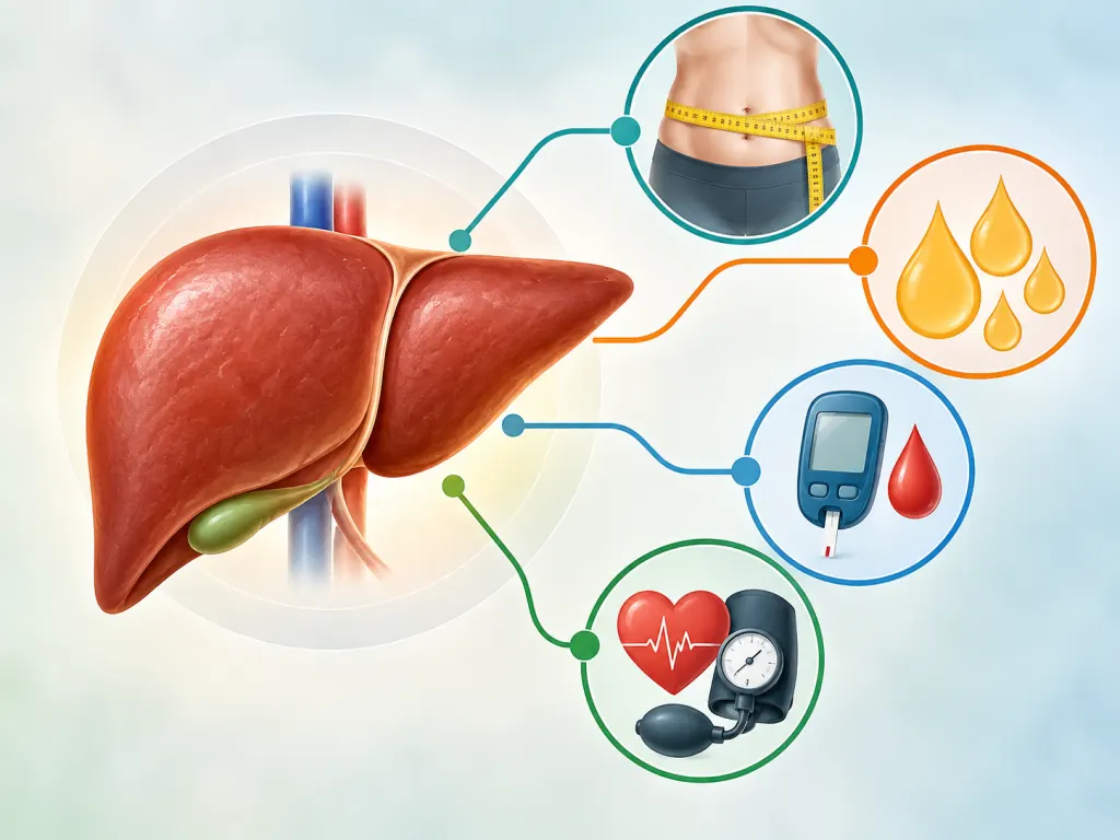 Illustration of a liver silhouette connected to metabolic risk factor icons.