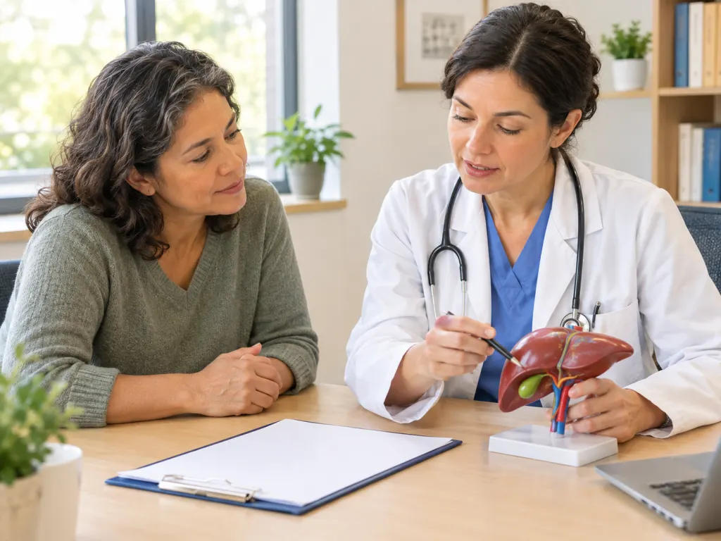 Clinician and patient reviewing a generic chart beside a liver model.