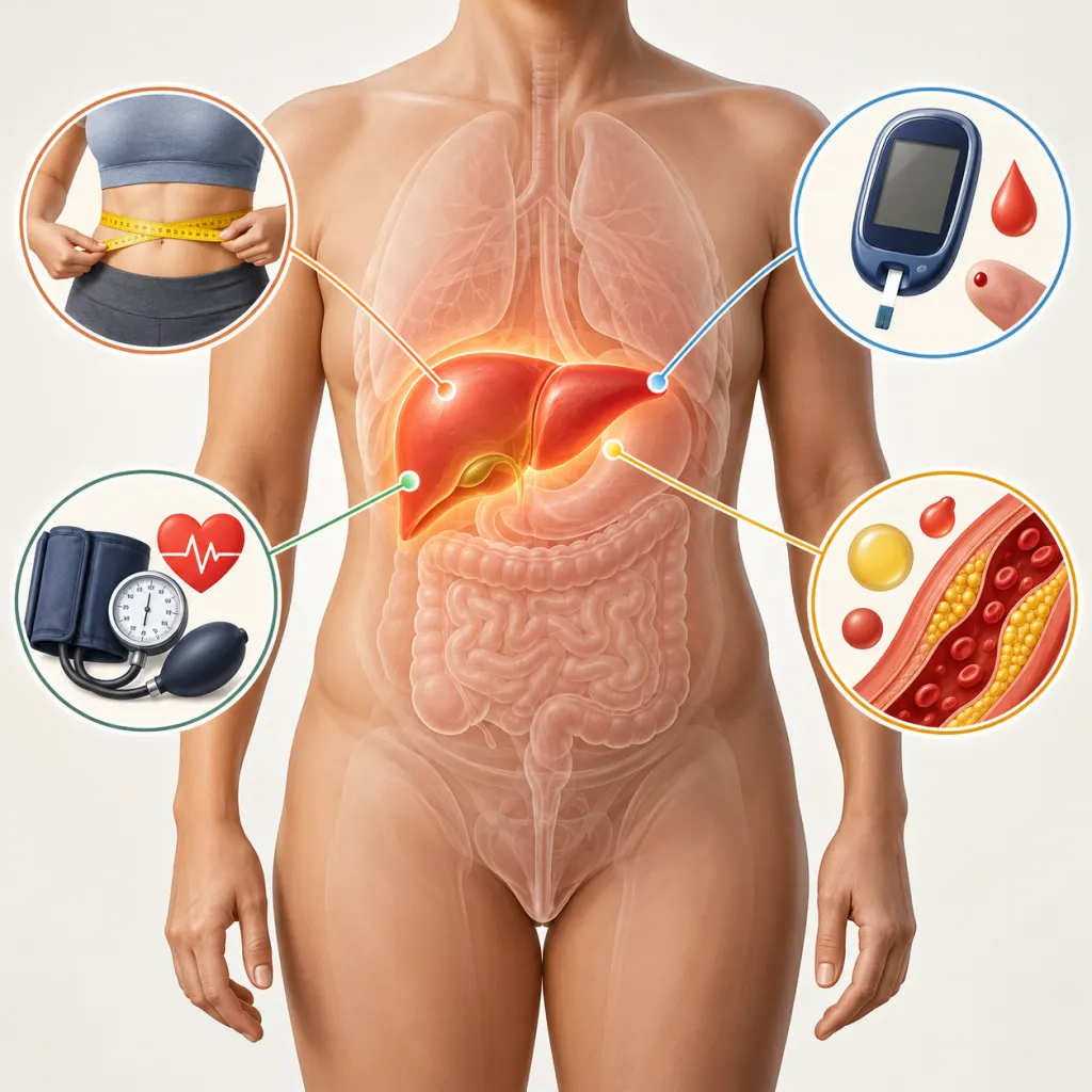 Calm illustration of a torso with the liver highlighted and metabolic risk symbols nearby.