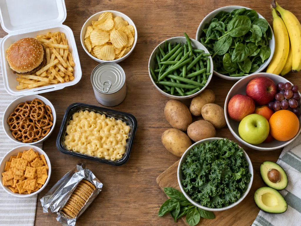 Food comparison showing processed foods alongside potassium-rich whole foods.