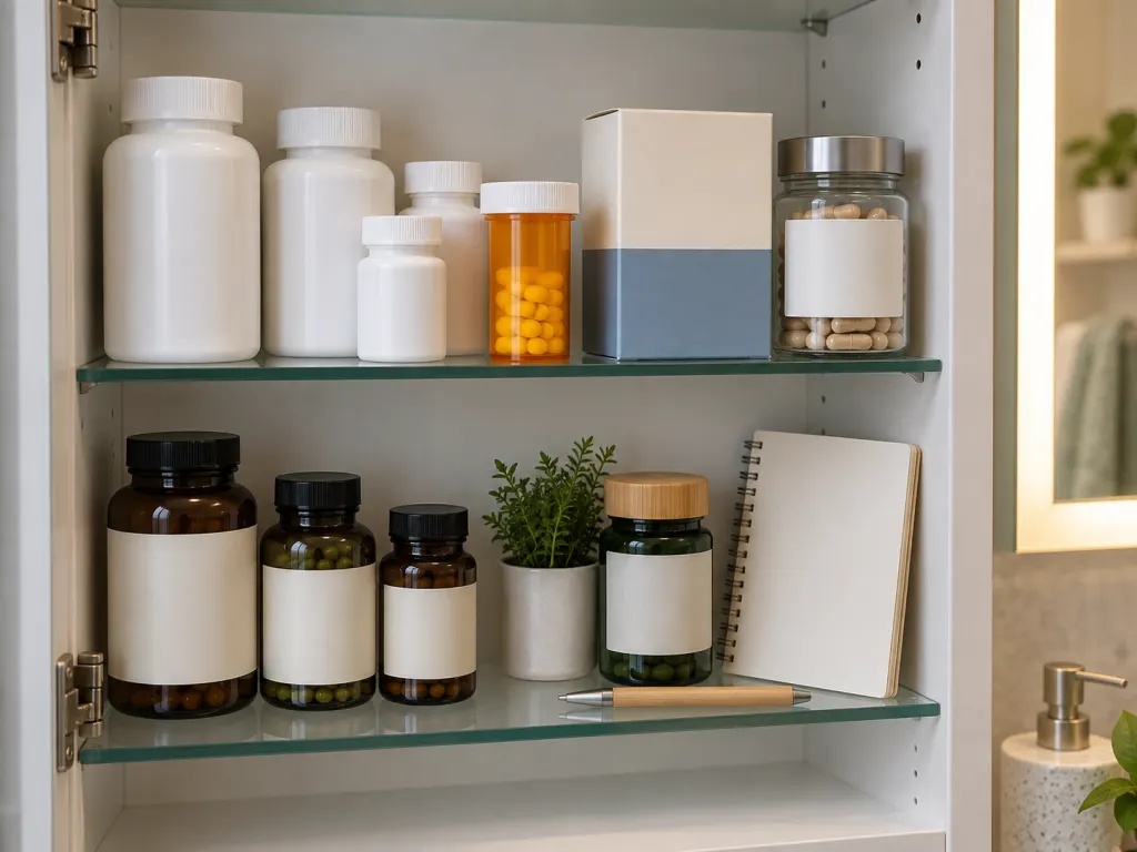 Medicine and supplement review scene with unlabeled containers and a checklist.