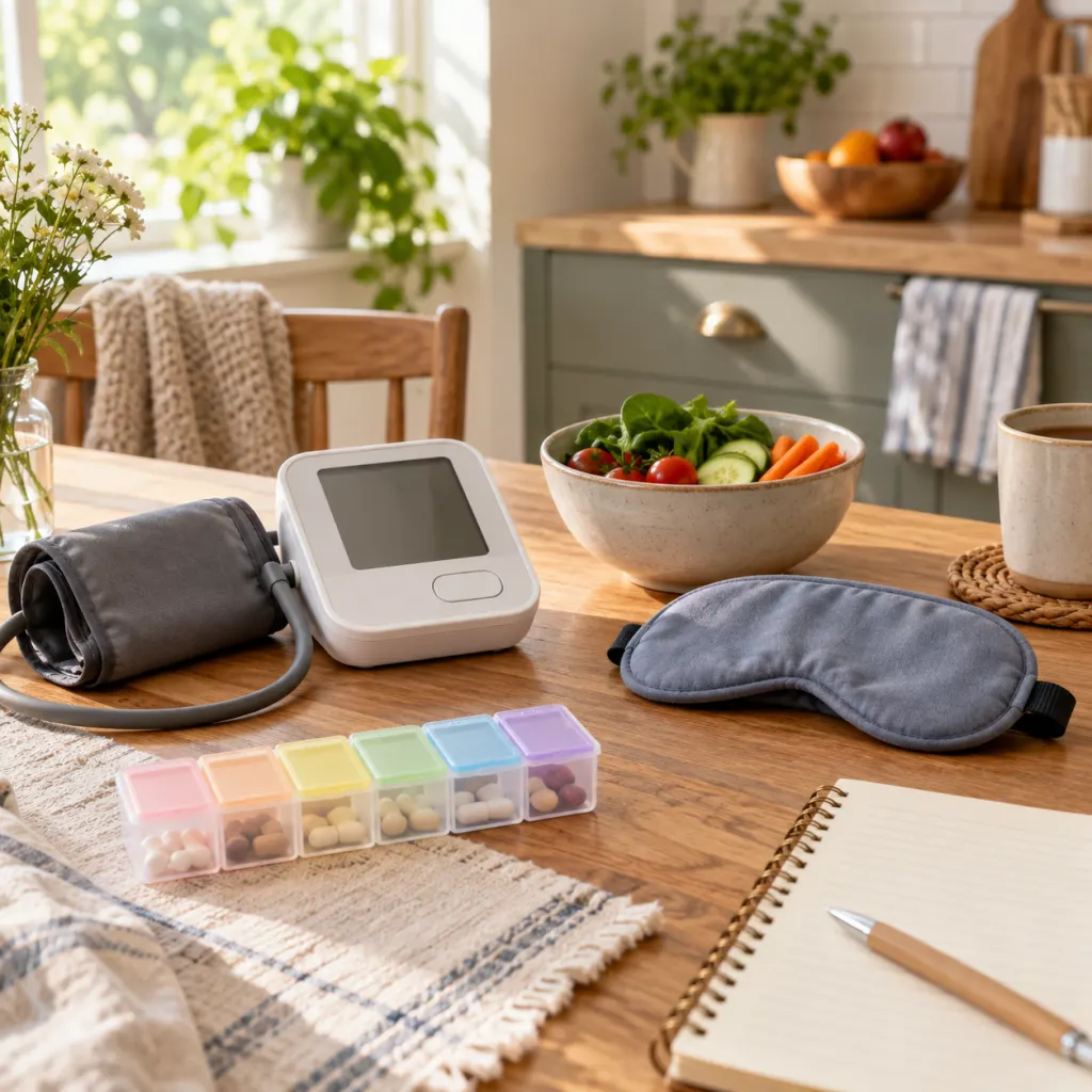Home blood pressure monitor with everyday items representing sleep, food, medicine review, and tracking.