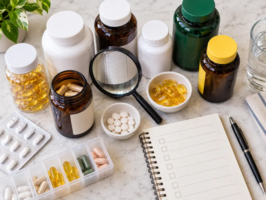 An overhead view of medicine and supplement containers being reviewed with a magnifying glass.