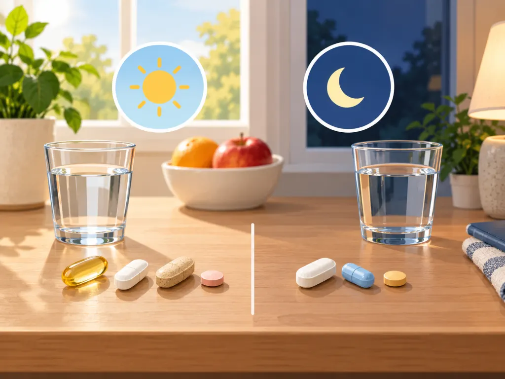 An illustration of pills separated across a simple daily timing layout.