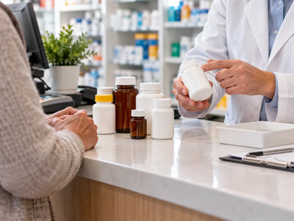 A pharmacist reviews unlabeled medicine and supplement containers with a customer at a counter.