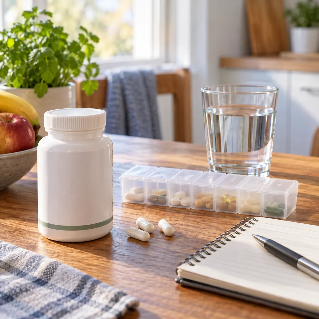 A supplement bottle, pill organizer, water glass, and blank notepad arranged for a medication review.