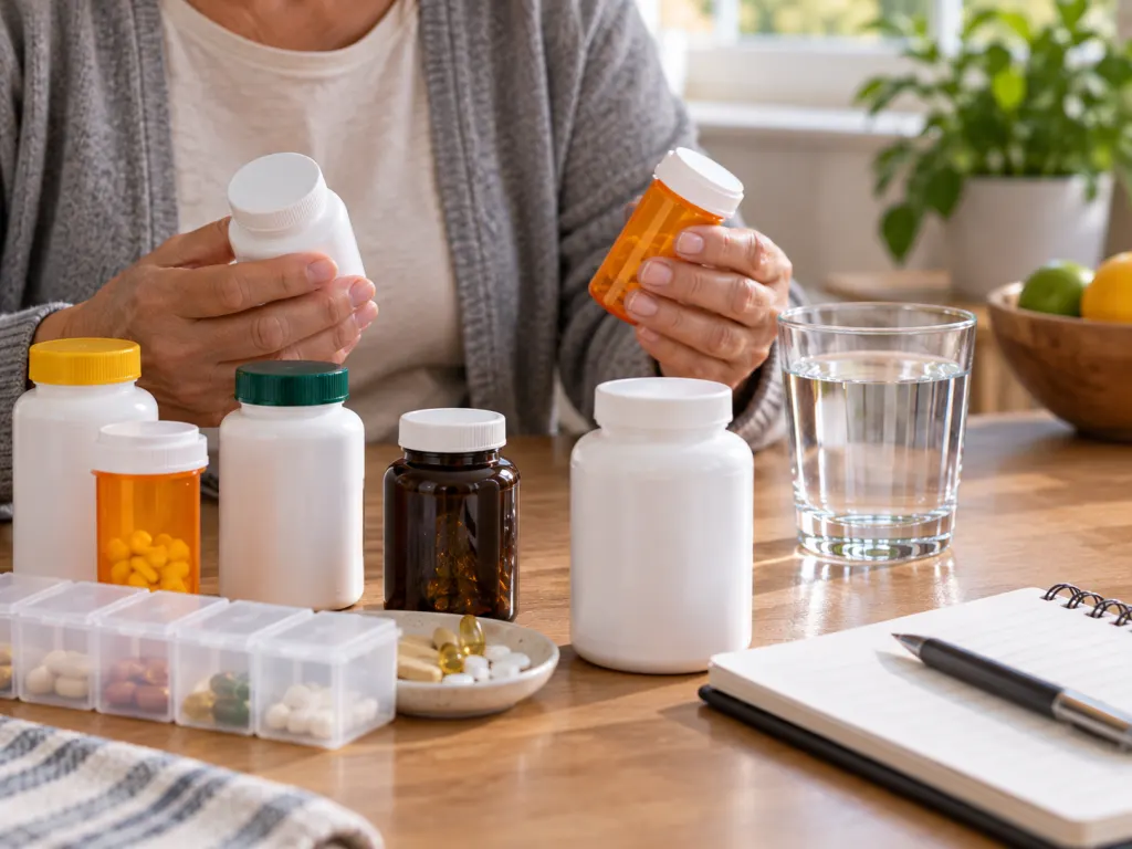 Hands organize supplement and medicine containers on a clean table with labels turned away.
