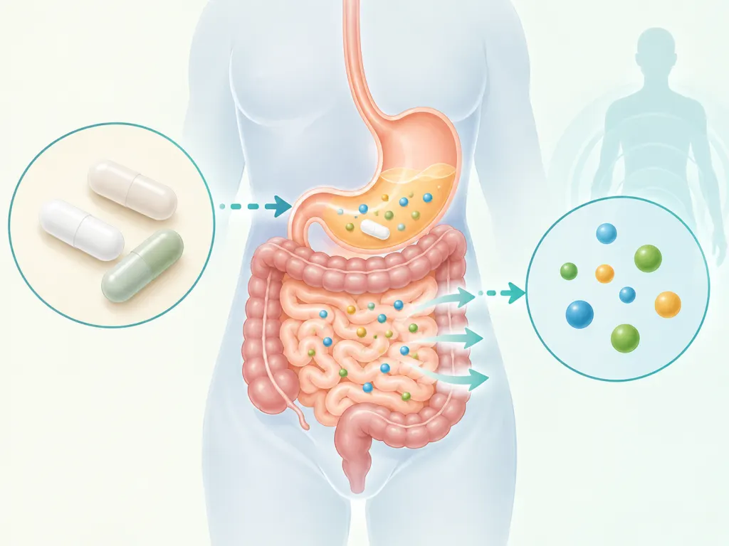 A calm illustration shows mineral dots and capsule shapes separated in the digestive tract.