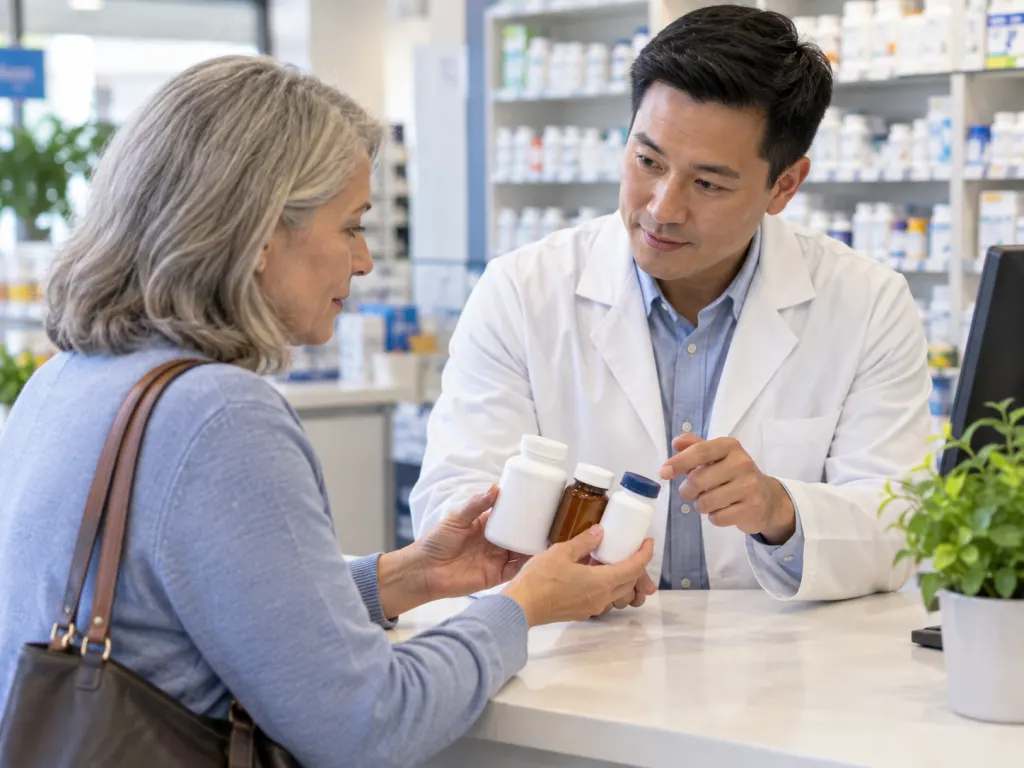 A pharmacist reviews several unlabeled medicine and supplement bottles with a customer.