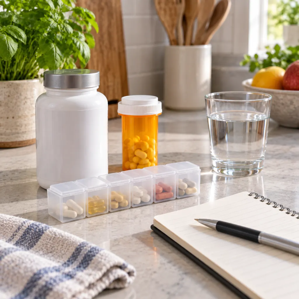 A supplement bottle, prescription bottle, pill organizer, and blank notepad arranged for a medication review.